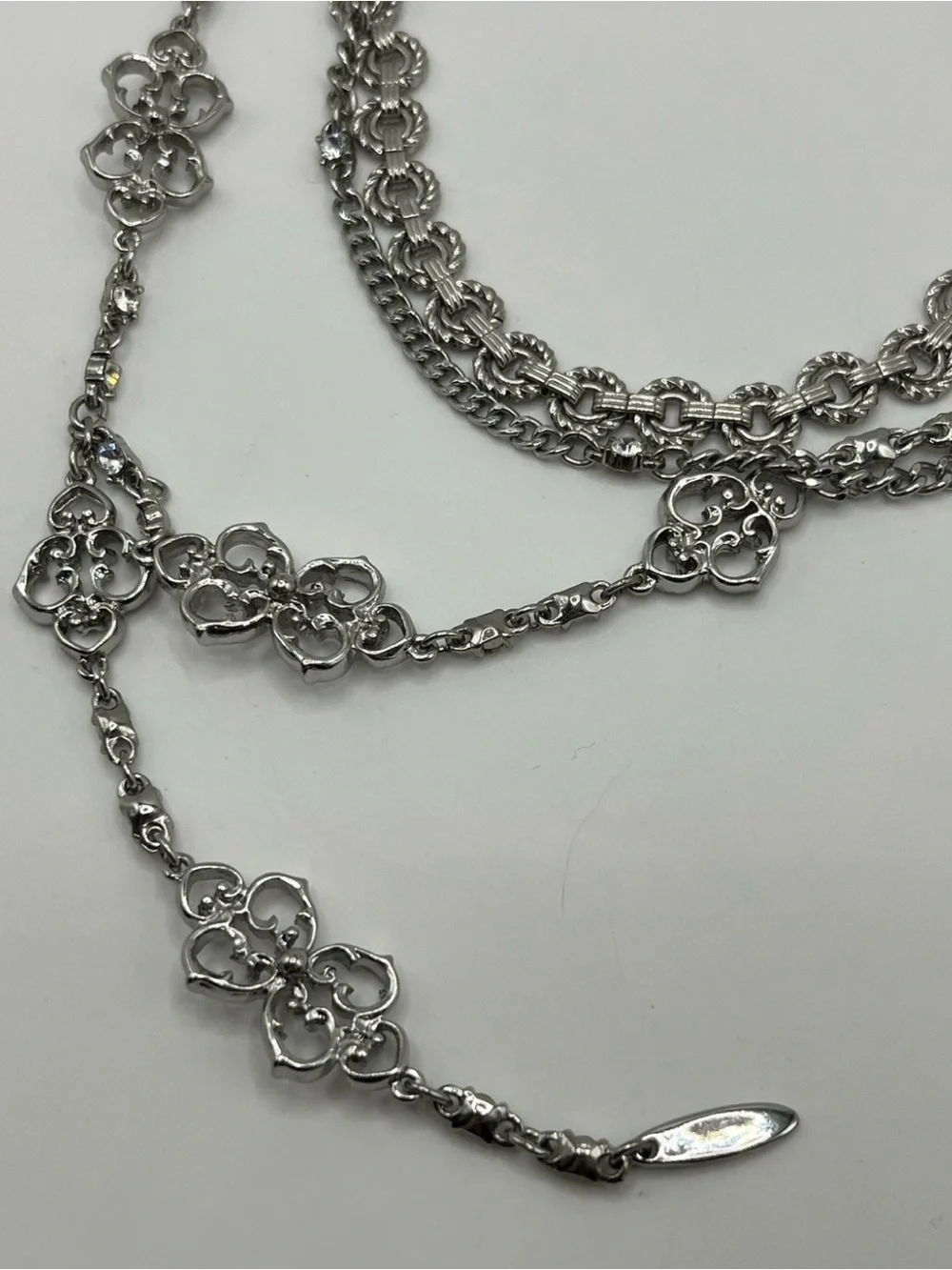 Express Y Drop Rhinestone Layered Statement Silver Tone 16”-20” - Picture 5 of 8
